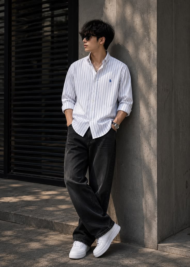 Men designer clothing featuring a stylish white striped shirt and black jeans outfit.